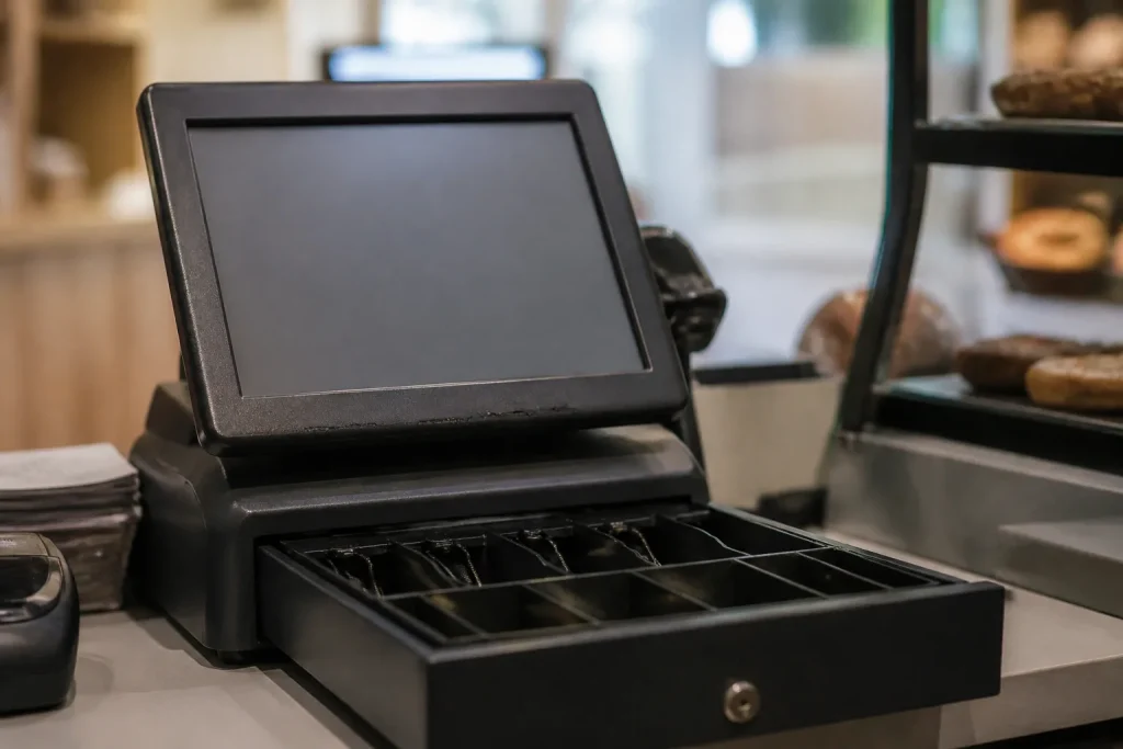 Caisse enregistreuse avec ecran tactile et tiroir ouvert