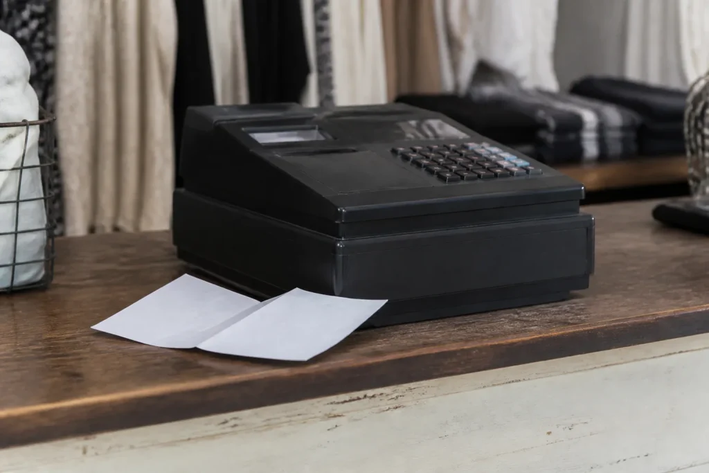 Caisse enregistreuse noire et notice pliee sur comptoir