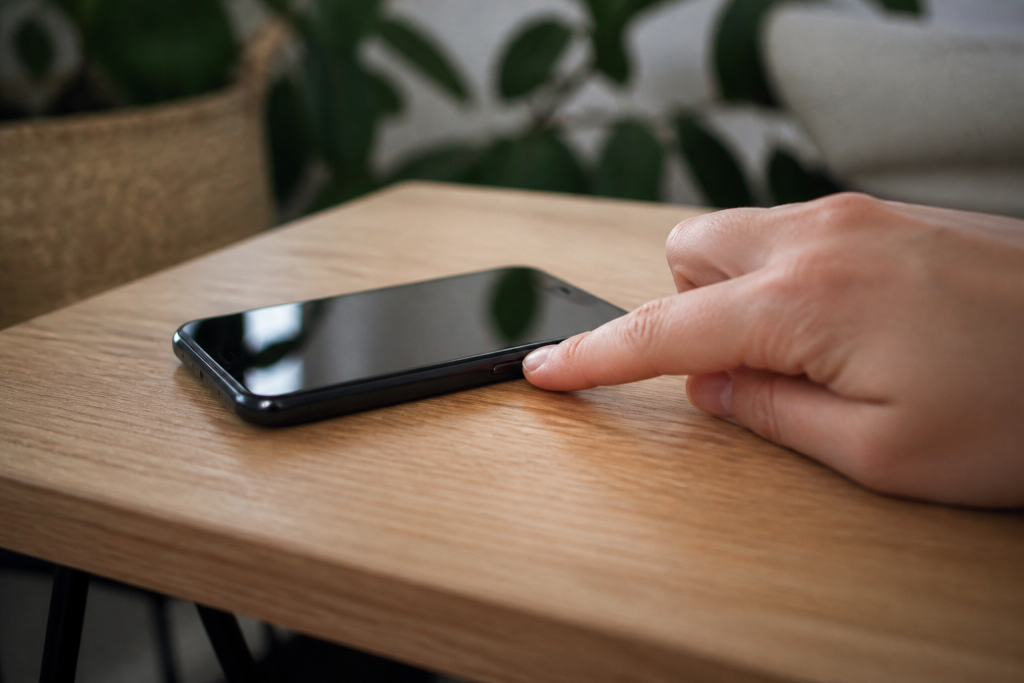 Main appuyant sur bouton lateral iPhone noir sur table