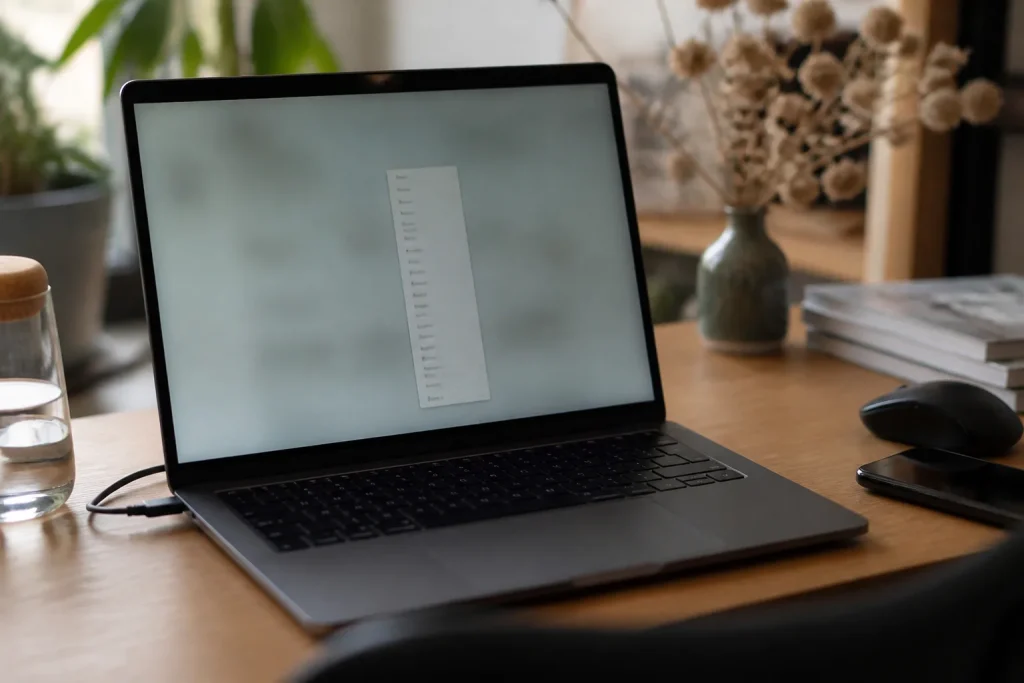 Ordinateur portable sur bureau, menu deroulant ouvert
