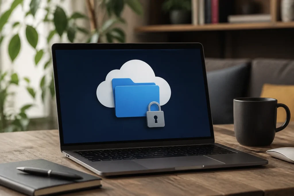 Ordinateur portable affichant dossier cloud et cadenas