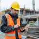 Ouvrier en casque jaune consultant une tablette sur chantier