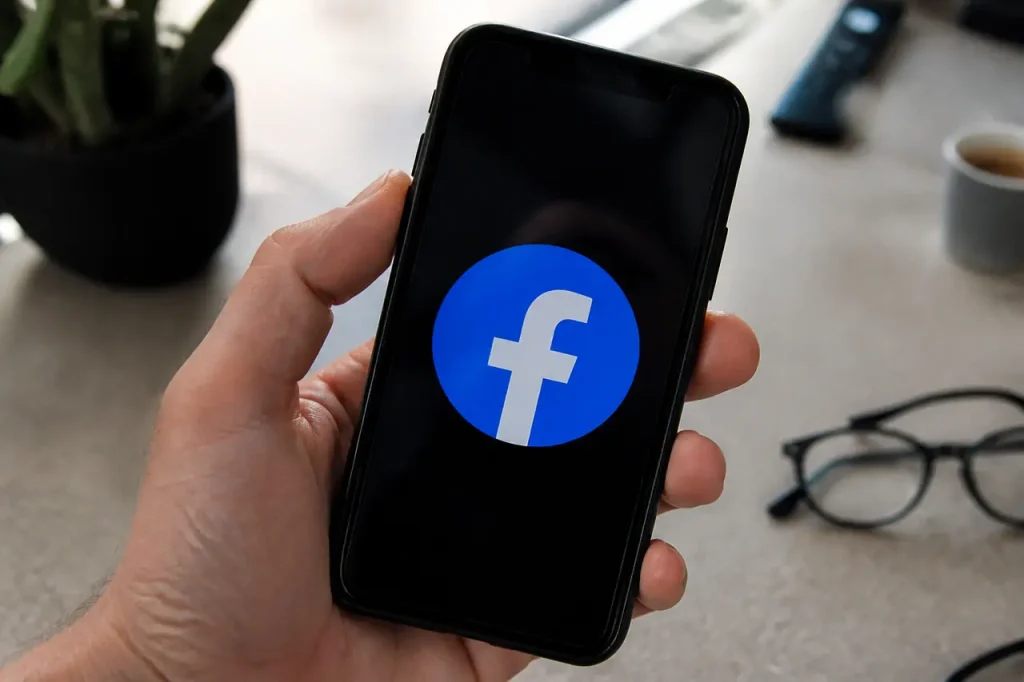 Smartphone noir affichant le logo Facebook en gros plan
