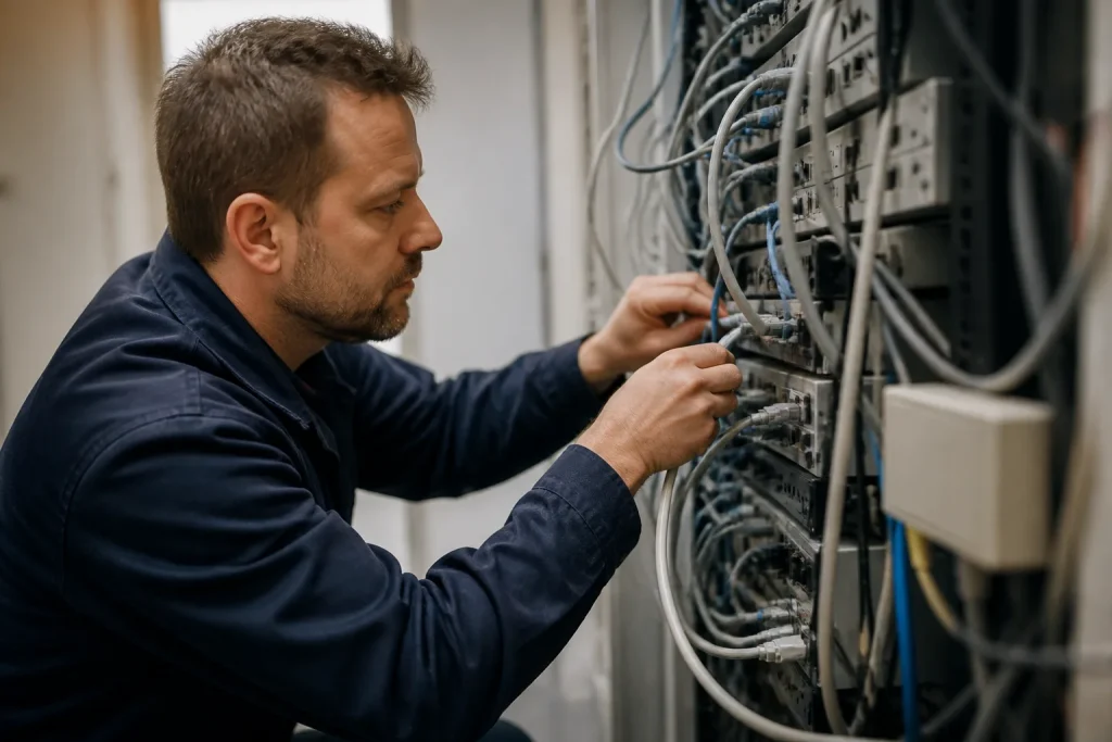 Technicien verifiant des cables reseau pres du standard telephonique