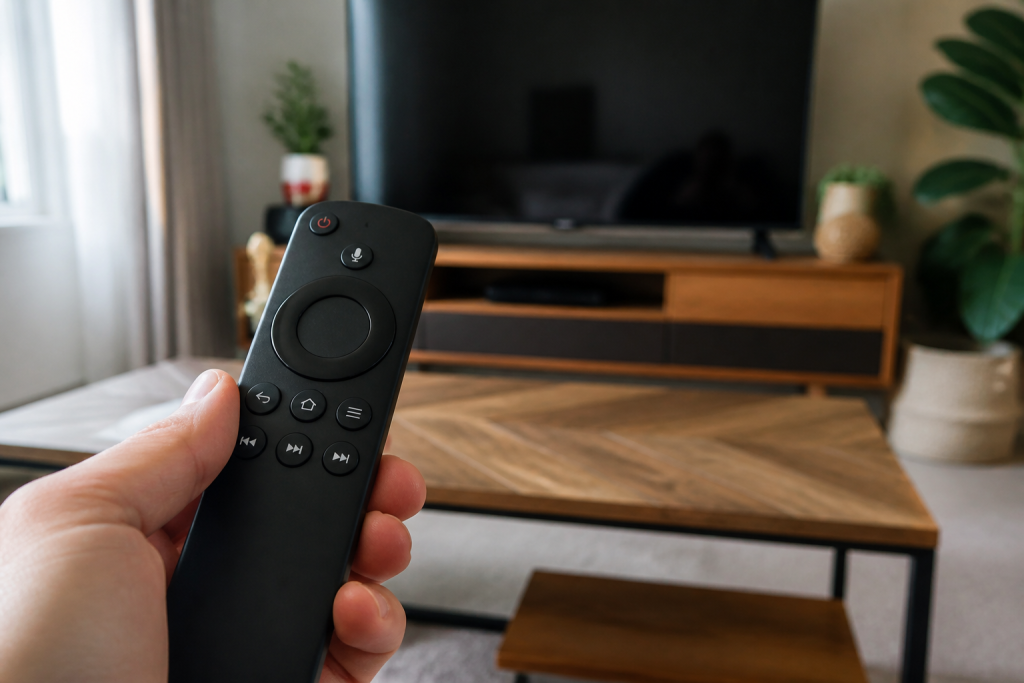 Telecommande avec bouton microphone devant television